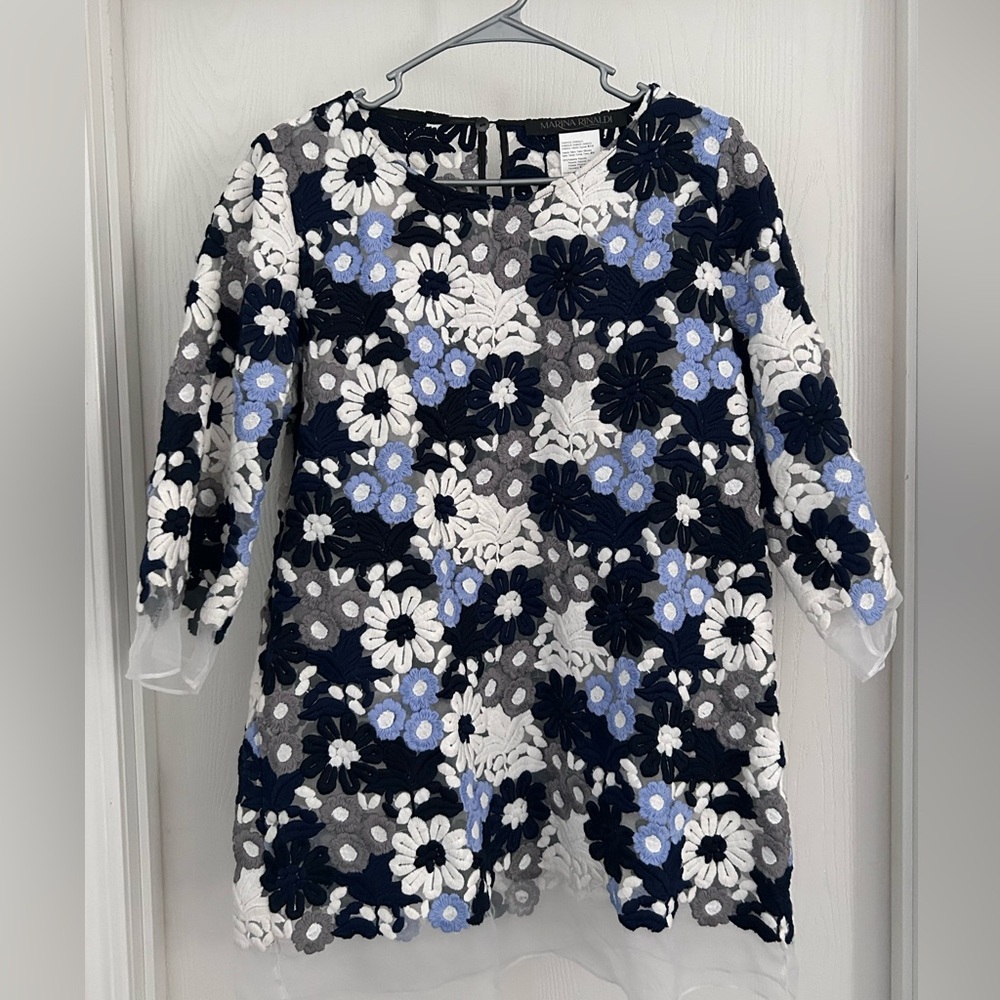 Marina Rinaldi | Black and Blue Floral Blouse | PTP -21” Shoulder to Hem 31”